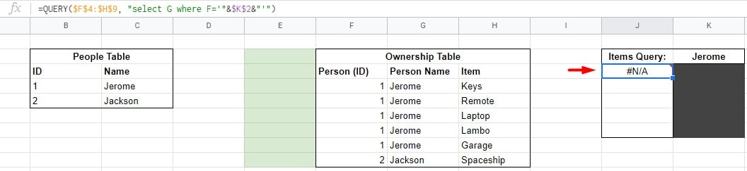 Google Sheets Table Example of Item Ownership Tables and Broken Query
