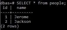PostgreSQL Screenshot of Two-Column People Table