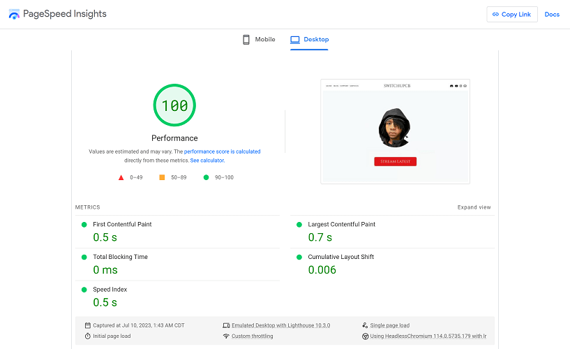 SwitchUpCB PageSpeed Insights score of 100 on July 10th, 2023.